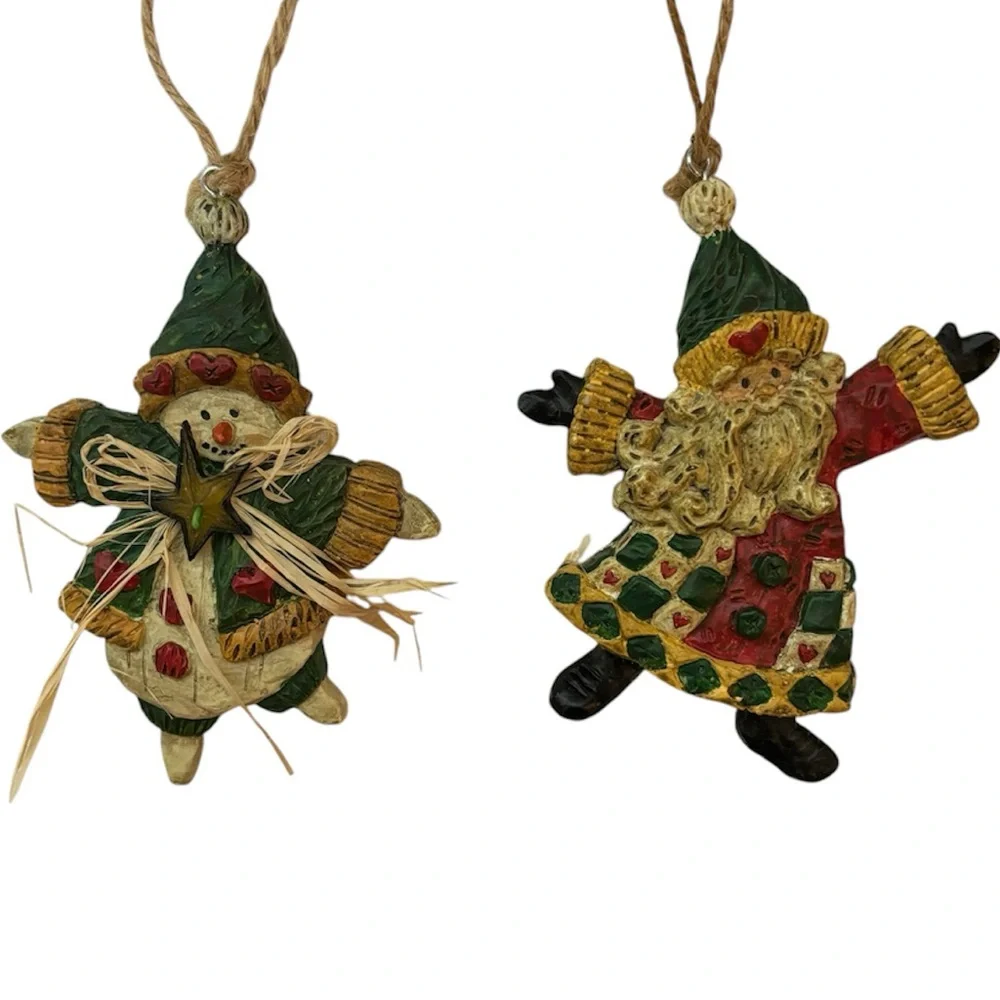 Whimsical Christmas Ornaments Hand Crafted Vintage Snowman Santa 2 Pc Set Red